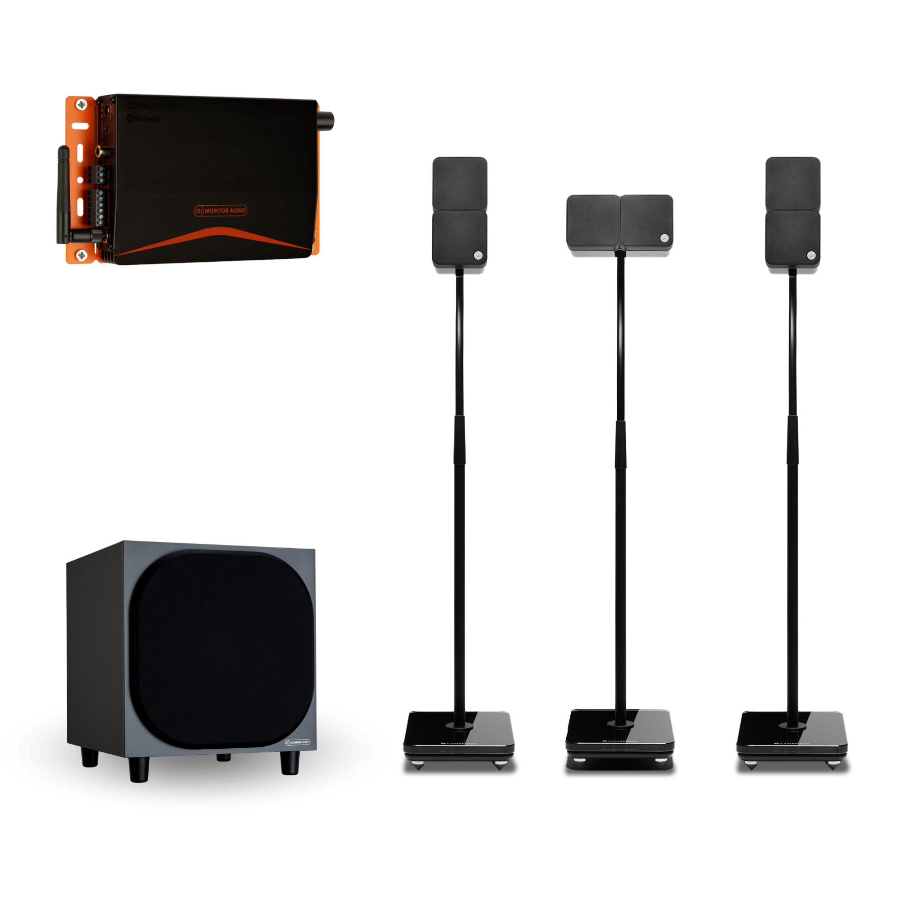 Kit de Cine 3.1 Parlantes Cambridge Min22 + Amplificador IA40-3 Monitor Audio + Subwoofer W10 Bronze Monitor Audio