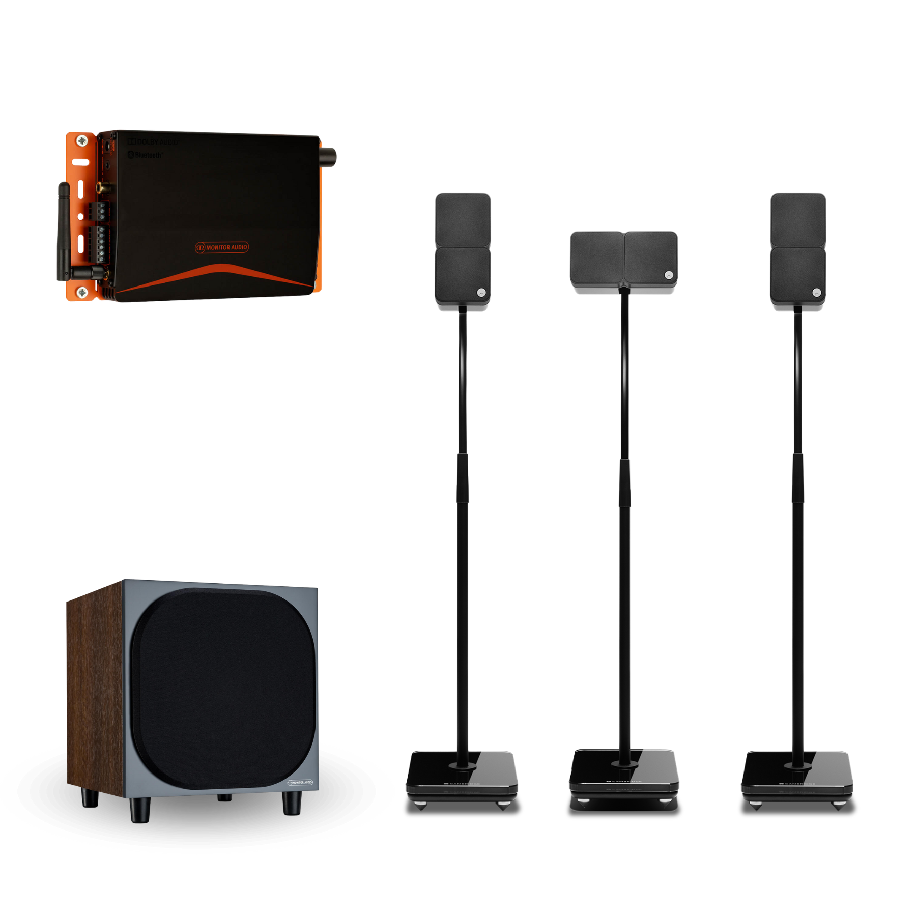 Kit de Cine 3.1 Parlantes Cambridge Min22 + Amplificador IA40-3 Monitor Audio + Subwoofer W10 Bronze Monitor Audio