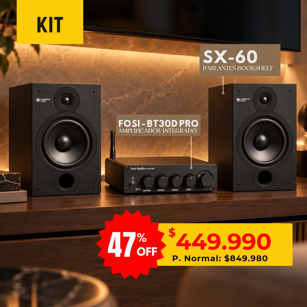 Kit Fosi BT30D Pro + Cambridge Audio SX-60: amplificador con Bluetooth y parlantes bookshelf negros