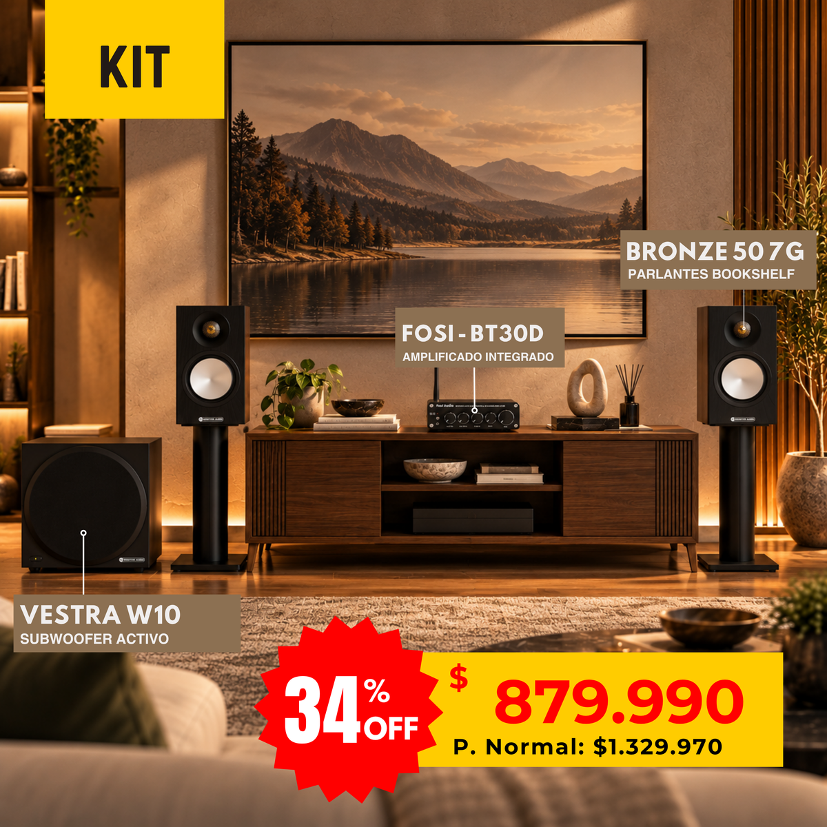 Gráfica promocional del kit Fosi BT30D, dos Bronze 50 7G y subwoofer Vestra W10 en una sala.