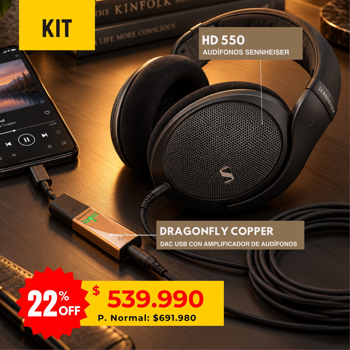 Gráfica promocional del kit Sennheiser HD 550 y AudioQuest DragonFly Copper junto a un teléfono.