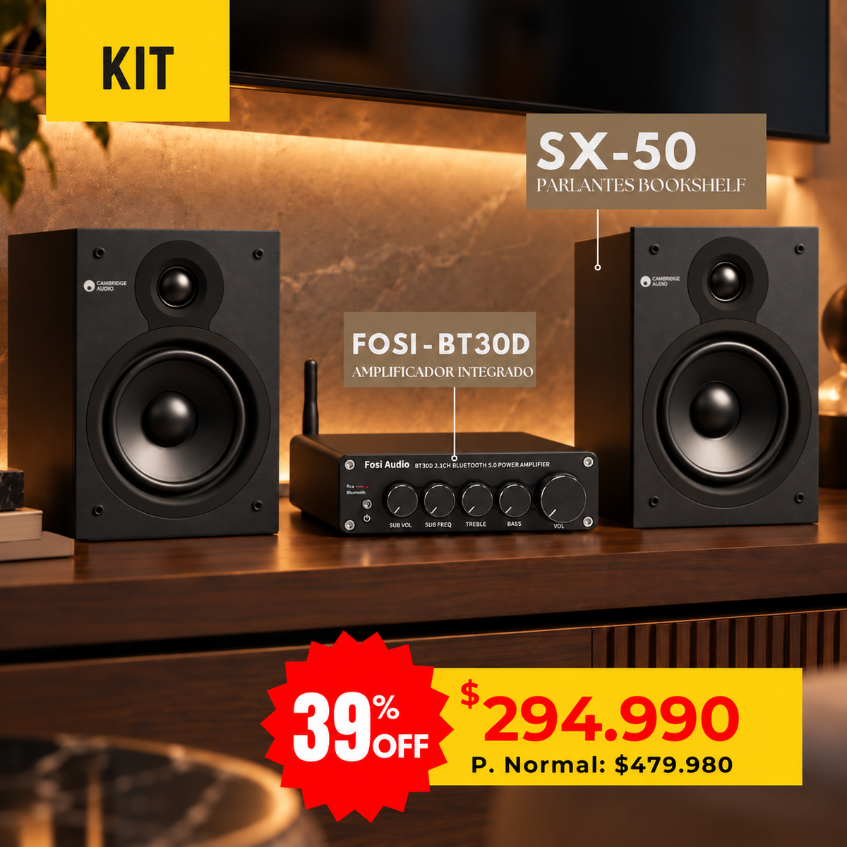 Kit Fosi BT30D + Cambridge Audio SX50: amplificador con Bluetooth y parlantes bookshelf negros