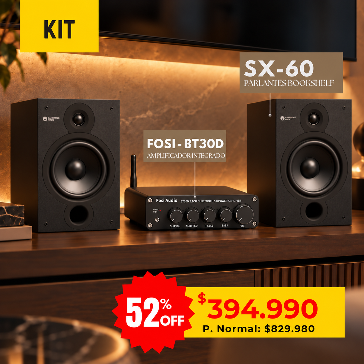 Kit Fosi BT30D + Cambridge Audio SX60: amplificador con Bluetooth y parlantes bookshelf negros
