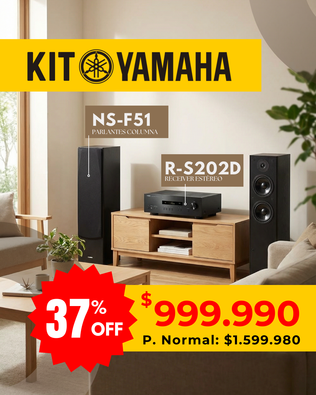 Kit Yamaha Parlantes NS-F51 Columnas + Yamaha Receiver Estéreo R-S202D Bluetooth AM/FM