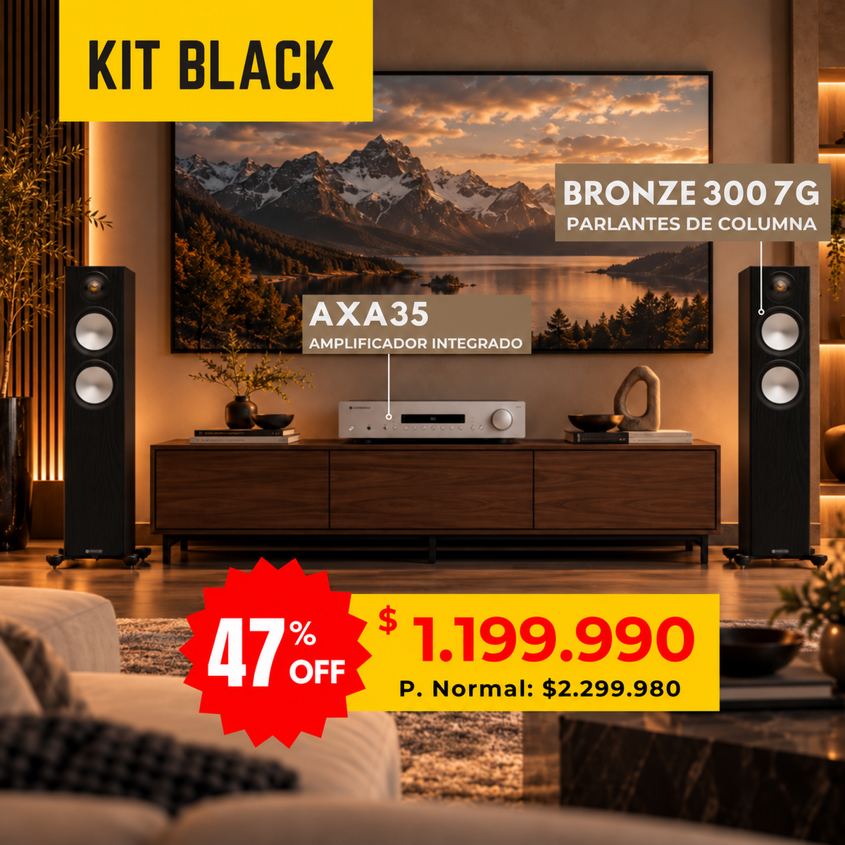 Kit Black AXA35 + Bronze 300 7G: parlantes de columna negros. Oferta $1.199.990; normal $2.299.980.