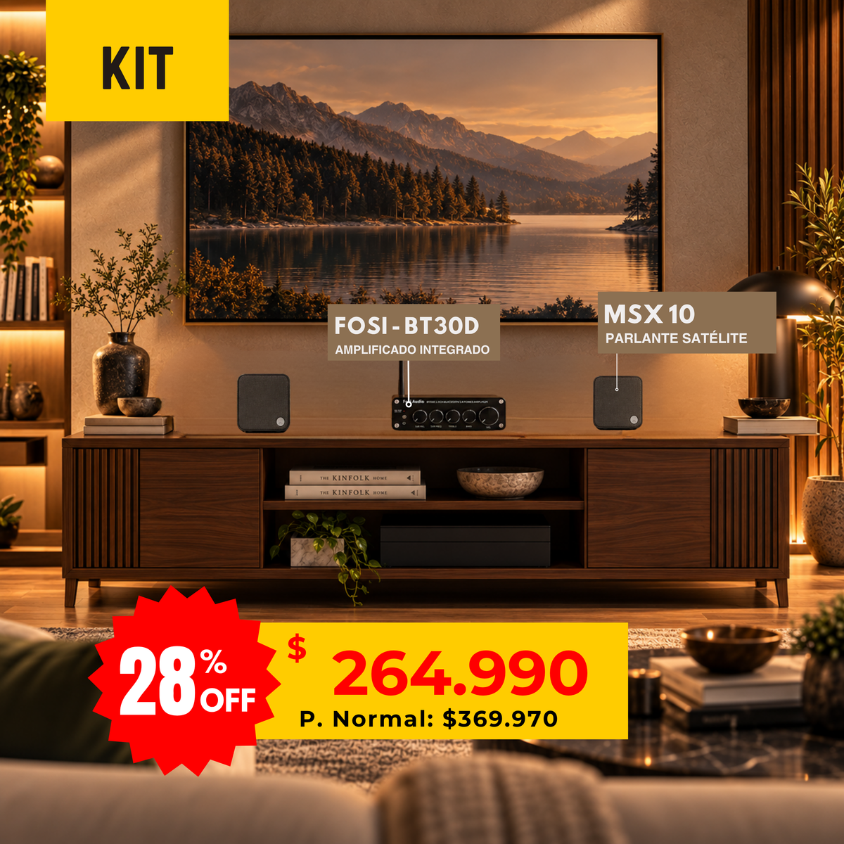 Gráfica promocional del kit Fosi BT30D y dos Cambridge Audio MSX 10 sobre un mueble.