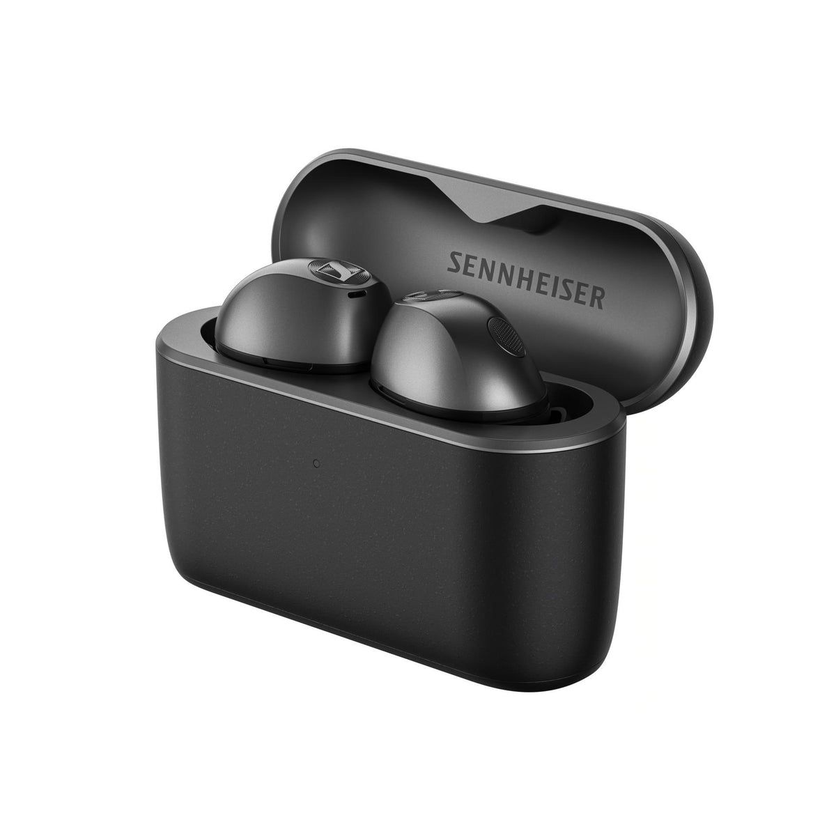 Sennheiser MOMENTUM True Wireless 5 Graphite: auriculares en su estuche de carga abierto