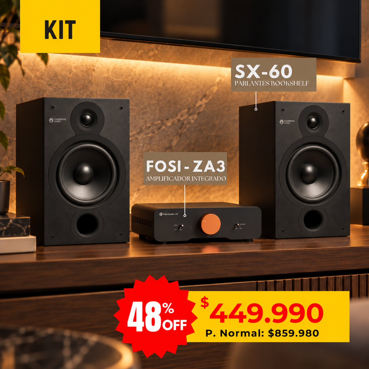 Kit Fosi ZA3 + Cambridge Audio SX60: amplificador integrado Fosi ZA3 y parlantes bookshelf negros