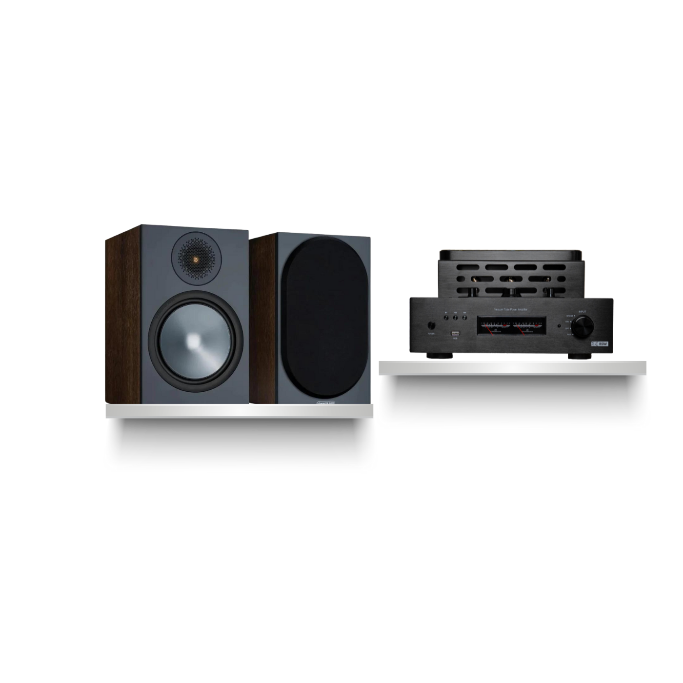 Kit HiFi Parlantes Bookshelf Bronze 100 Monitor Audio + Amplificador a Tubos BS-100