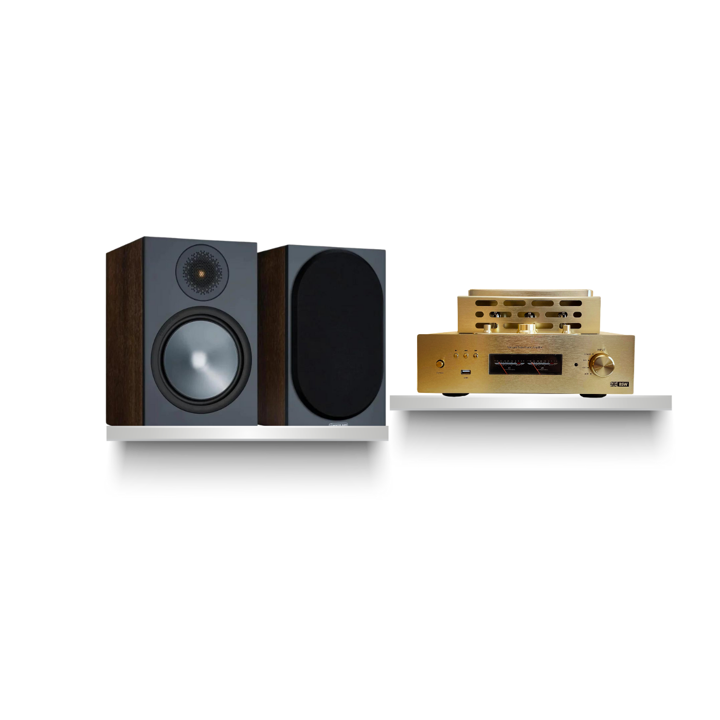 Kit HiFi Parlantes Bookshelf Bronze 100 Monitor Audio + Amplificador a Tubos BS-100