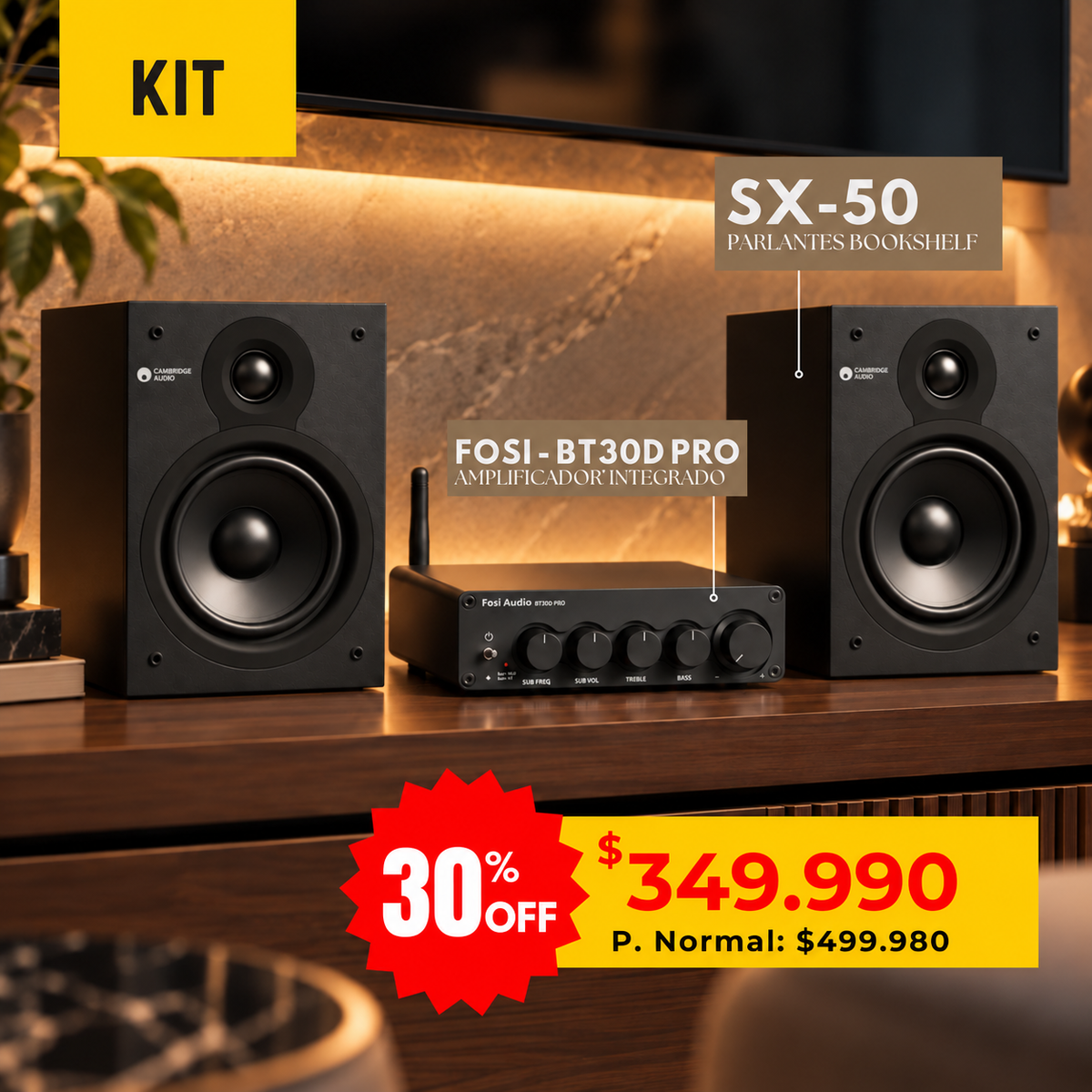 Kit Fosi BT30D Pro + Cambridge Audio SX-50: amplificador con Bluetooth y parlantes bookshelf negros