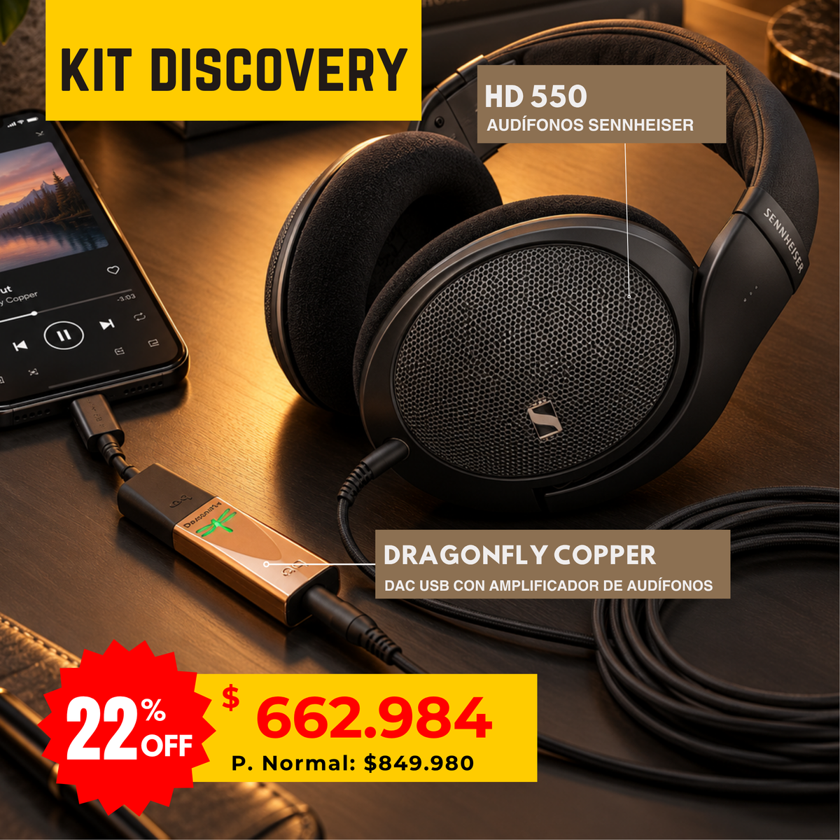 Kit Discovery Audífonos AudioQuest DragonFly Copper + Sennheiser HD 550