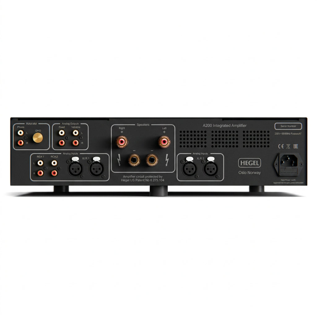 Hegel A200 amplificador integrado panel trasero con entradas XLR, RCA y phono MM