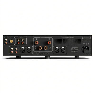 Hegel A200 amplificador integrado panel trasero con entradas XLR, RCA y phono MM