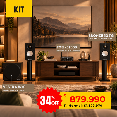 Gráfica promocional del kit Fosi BT30D, dos Bronze 50 7G y subwoofer Vestra W10 en una sala.