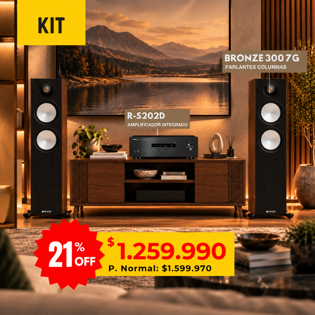 Kit Discovery Columnas Yamaha R-S202D + Monitor Audio Bronze 300 7G — rótulo amplificador integrado corregido