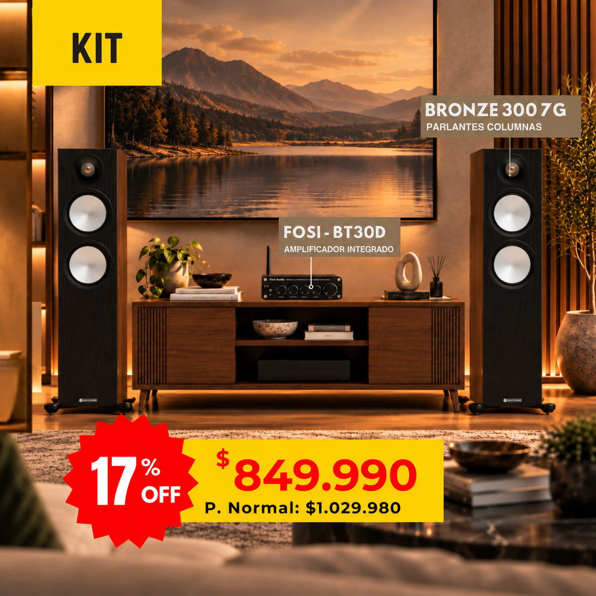 Kit Discovery Columnas Fosi Audio BT30D + Monitor Audio Bronze 300 7G — rótulo amplificador integrado corregido