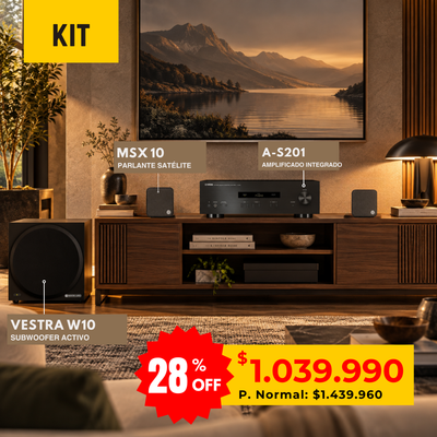 Gráfica promocional del kit Yamaha A-S201, dos Cambridge MSX 10 y subwoofer Vestra W10 en una sala.