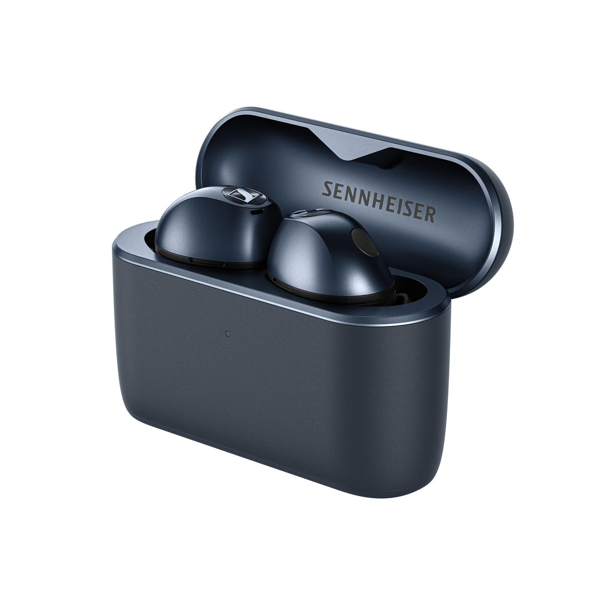 Sennheiser MOMENTUM True Wireless 5 Denim: auriculares en su estuche de carga abierto