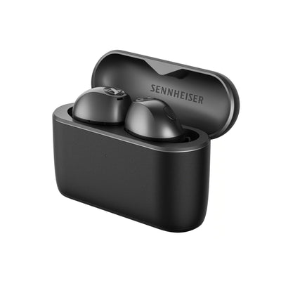 Sennheiser MOMENTUM True Wireless 5 Graphite: auriculares en su estuche de carga abierto