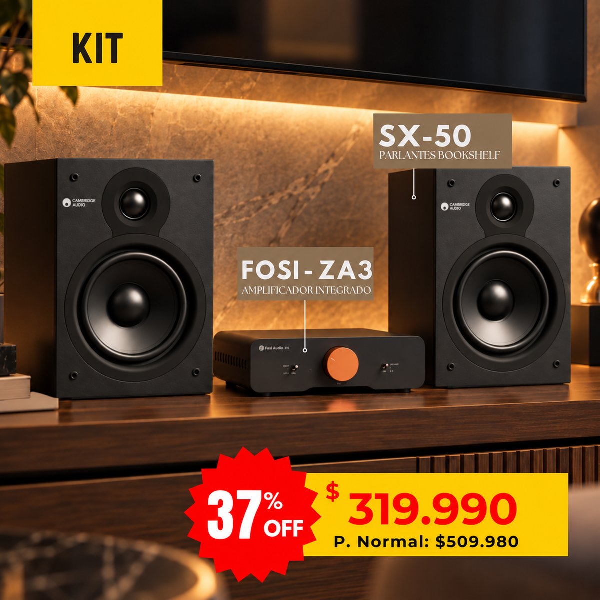 Kit Fosi ZA3 + Cambridge Audio SX50: amplificador integrado Fosi ZA3 y parlantes bookshelf negros