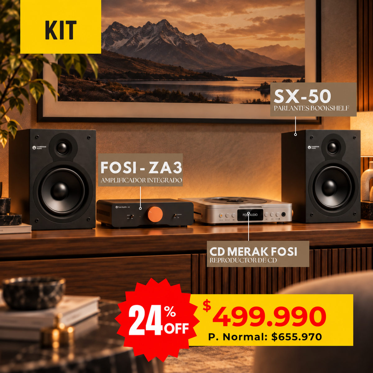 Kit Fosi Merak (CD) + ZA3 + Cambridge Audio SX-50: reproductor de CD, amplificador y parlantes bookshelf